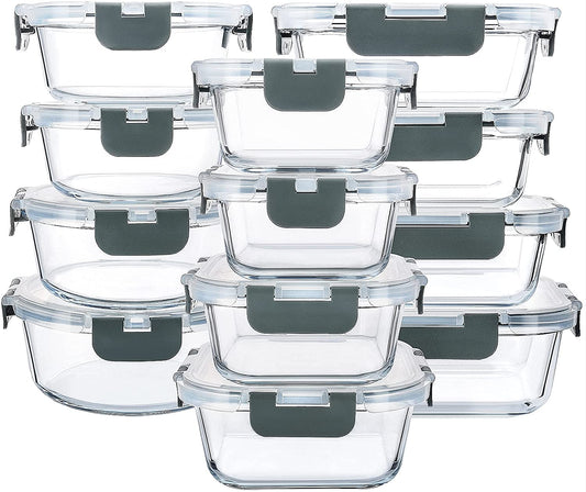 24-Piece Glass Food Storage Containers with Upgraded Snap Locking Lids,Glass Meal Prep Containers Set - Airtight Lunch Containers, Microwave, Oven, Freezer and Dishwasher