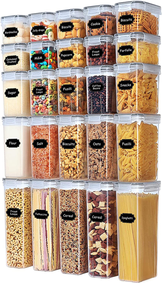 25PCS Airtight Food Storage Containers with Lids for Pantry, BPA Free Plastic Clear Cereal Containers Storage Set, Pantry Storage Containers for Dry Food, Flour and Sugar, 40 Labels & Marker (Gray)