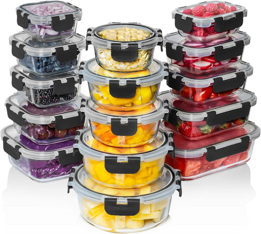 30 PC Glass Food Storage Containers with Lids - Reusable Glass Meal Prep Containers for Lunch and Leftovers - Airtight & Leakproof Snap Locking Lids - Oven, Freezer, Microwave, Dishwasher Safe