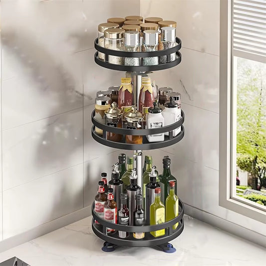 360°Rotation Spice Rack Organizer Jar Cans for Kitchen Accessories Non-Skid Carbon Steel Storage Tray for Seasonings and Spices