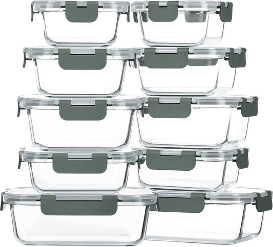 10-Pack Glass Food Storage Container with Lids, Airtight Glass Lunch Bento Boxes, Glass Meal Prep Container,Microwave, Oven, Freezer and Dishwasher Friendly